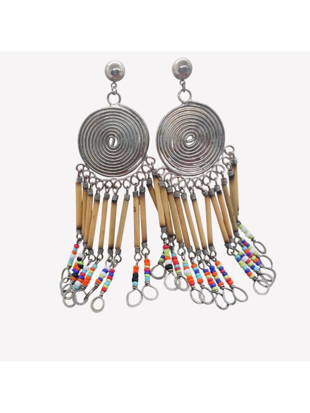 Native Made Porcupine Quill Bead Dangle Earrings w/Silver Tone Spiral Medallion